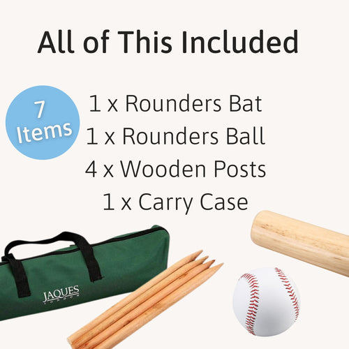 Jaques of London Rounders Set showing contents with text reading “All of This Included – 7 Items,” featuring a wooden bat, ball, four wooden posts, and a green carry case. 