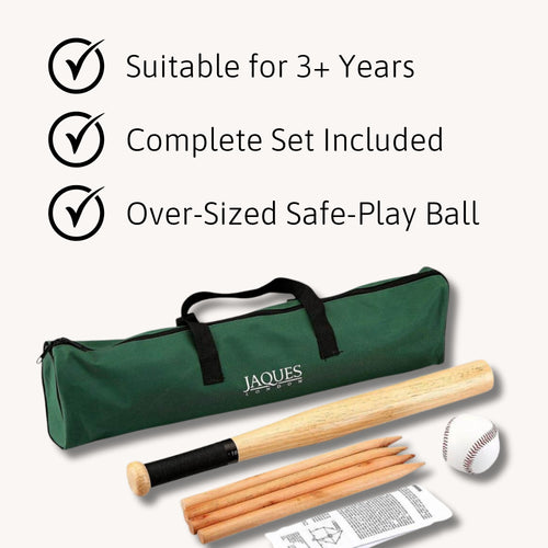 Complete Jaques of London Rounders Set laid out with a green carry bag, bat, ball, and posts, next to text listing “Suitable for 3+ Years,” “Complete Set Included,” and “Over-Sized Safe-Play Ball.” 