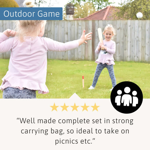 Two young girls playing rounders in the garden, one pitching and one batting, with text “Outdoor Game” and a five-star review about the well-made, portable set. 