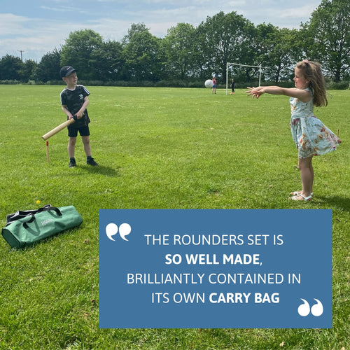 Children playing rounders on a grassy field with a green Jaques carry bag beside them, and a blue review box reading “The rounders set is so well made, brilliantly contained in its own carry bag.” 