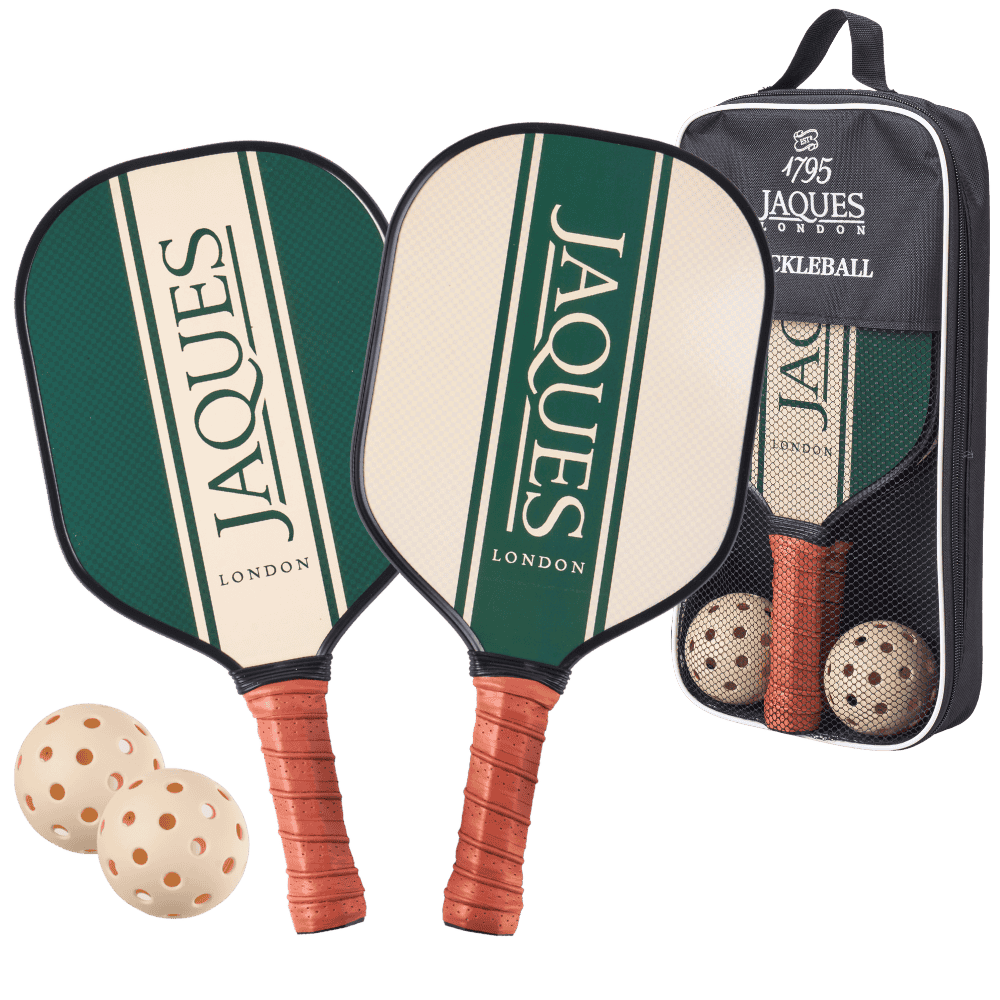 Two pickleball paddles with green and white design, accompanied by two balls and a black carrying case on a transparent background. 