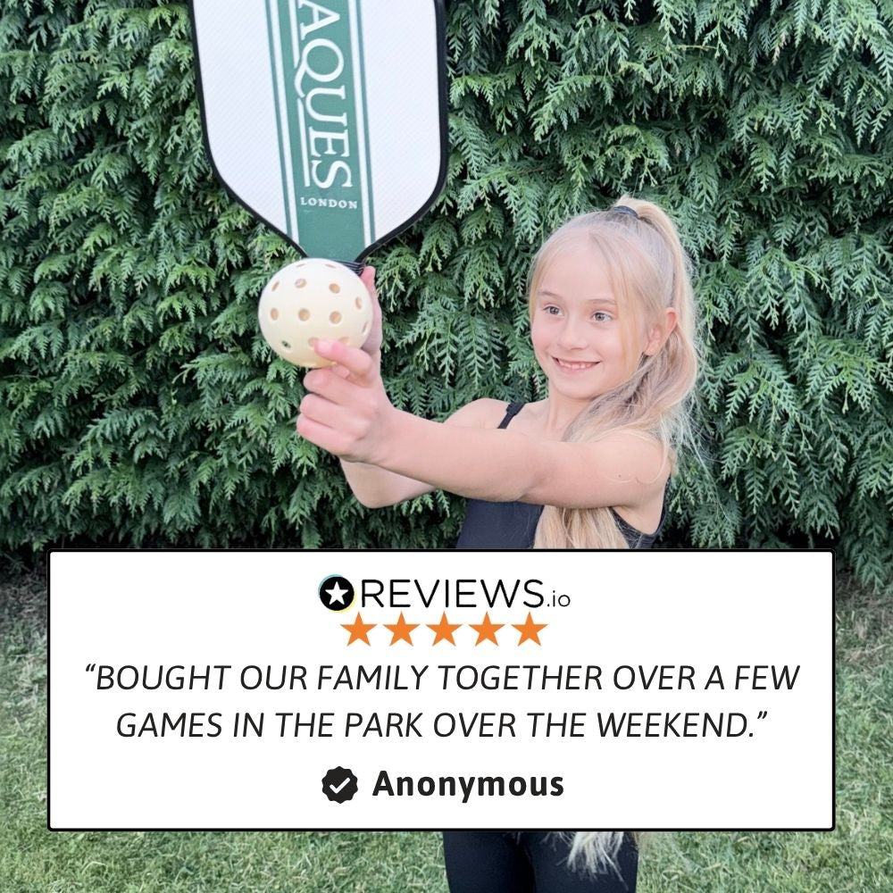 Child holding a pickleball paddle and ball with a review quote on a green background 