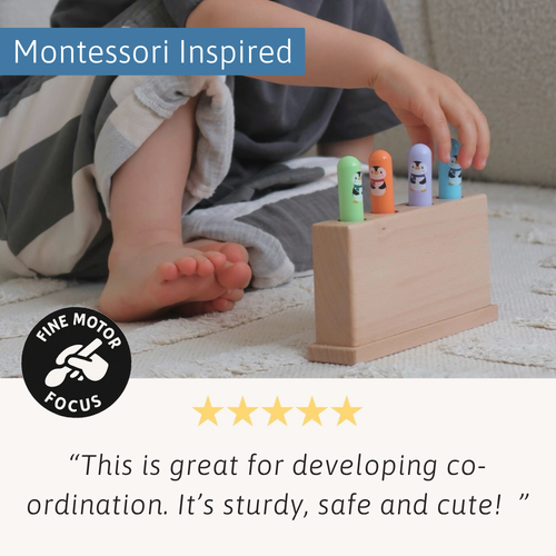 Child playing with a Montessori educational toy, surrounded by text highlighting its features.  