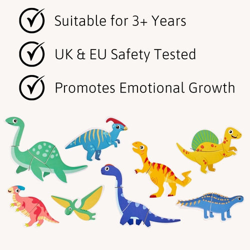 Colourful dinosaur toys with safety and educational features listed on a white background. 