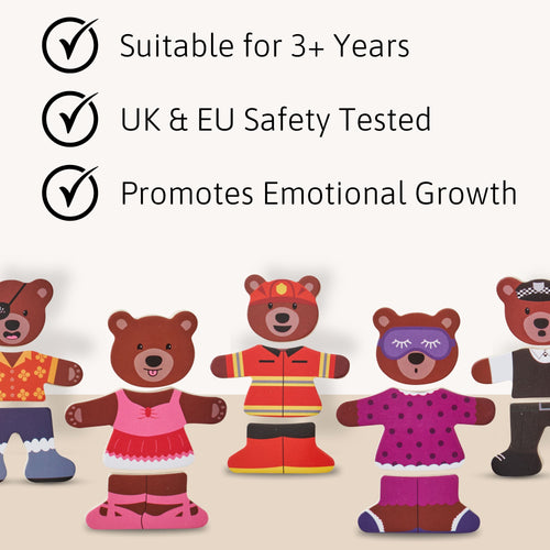 Set of bear-shaped dress-up toys with various outfits on a beige background, featuring text about safety and educational value. 