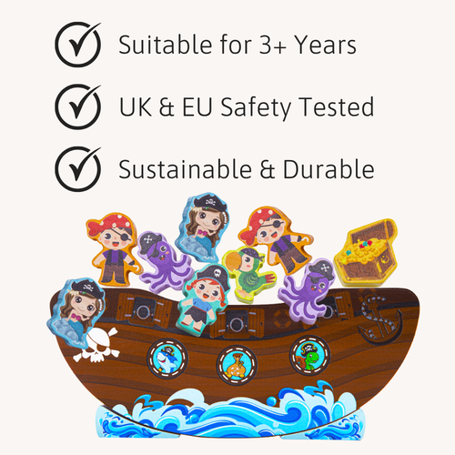 Toy boat with characters on a white background, featuring safety and quality assurances. 