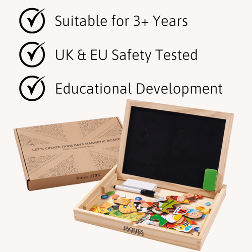 Wooden magnetic board with colourful letters and numbers, next to a cardboard box, on a white background. 