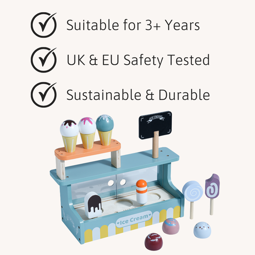 Wooden ice cream stand toy with ice cream cones and a sign, suitable for 3+ years, UK & EU safety tested, and sustainable & durable.  