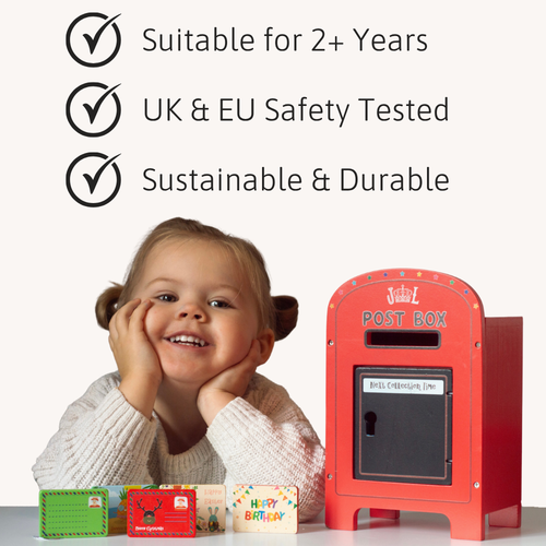 Child with a toy post box, indicating safety and durability features.  
