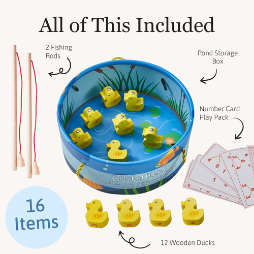 Flat lay of the duck fishing pond set showing all included pieces, including 12 wooden ducks, two fishing rods, number cards and storage bag, with “16 items” badge 
