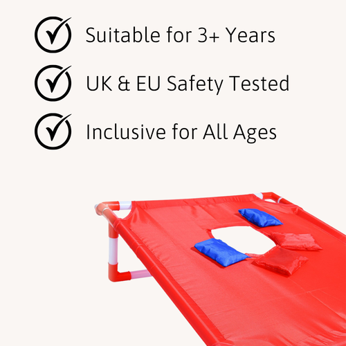 Red cornhole board with blue and red bean bags beside a checklist highlighting suitability for 3+, UK/EU safety testing, and all-ages inclusivity. 