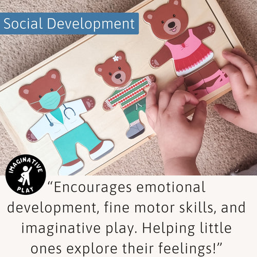 Children's puzzle with teddy bears and text about social development and imaginative play. 