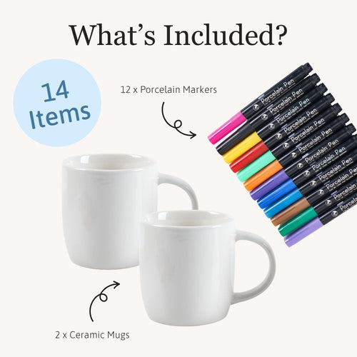 Jaques of London Paint Your Own Mug Set - flat lay of all 14 included pieces, 12 porcelain markers and 2 ceramic mugs, 