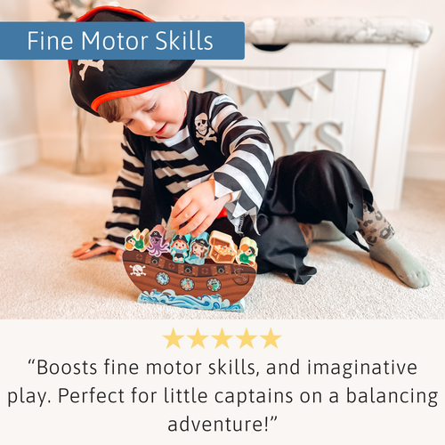 Child playing with a pirate-themed toy ship, dressed as a pirate, with text about fine motor skills and imaginative play. 