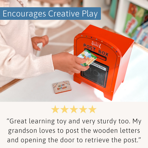 Child's hand placing a card into a toy post box with text highlighting its educational value.  
