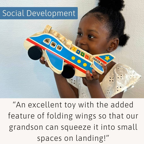 Child holding a toy airplane with text about social development and toy features. 
