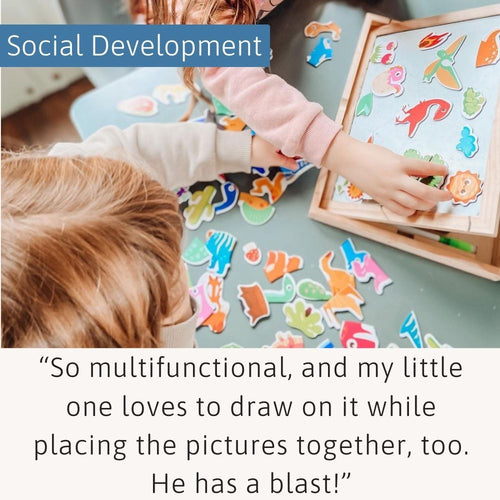 Child playing with colorful magnetic letters on a board, engaging in social development activities. 
