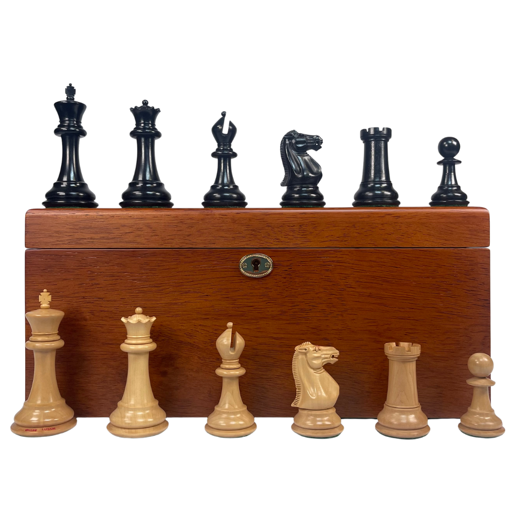 Wooden chess set with black and white pieces on a white background