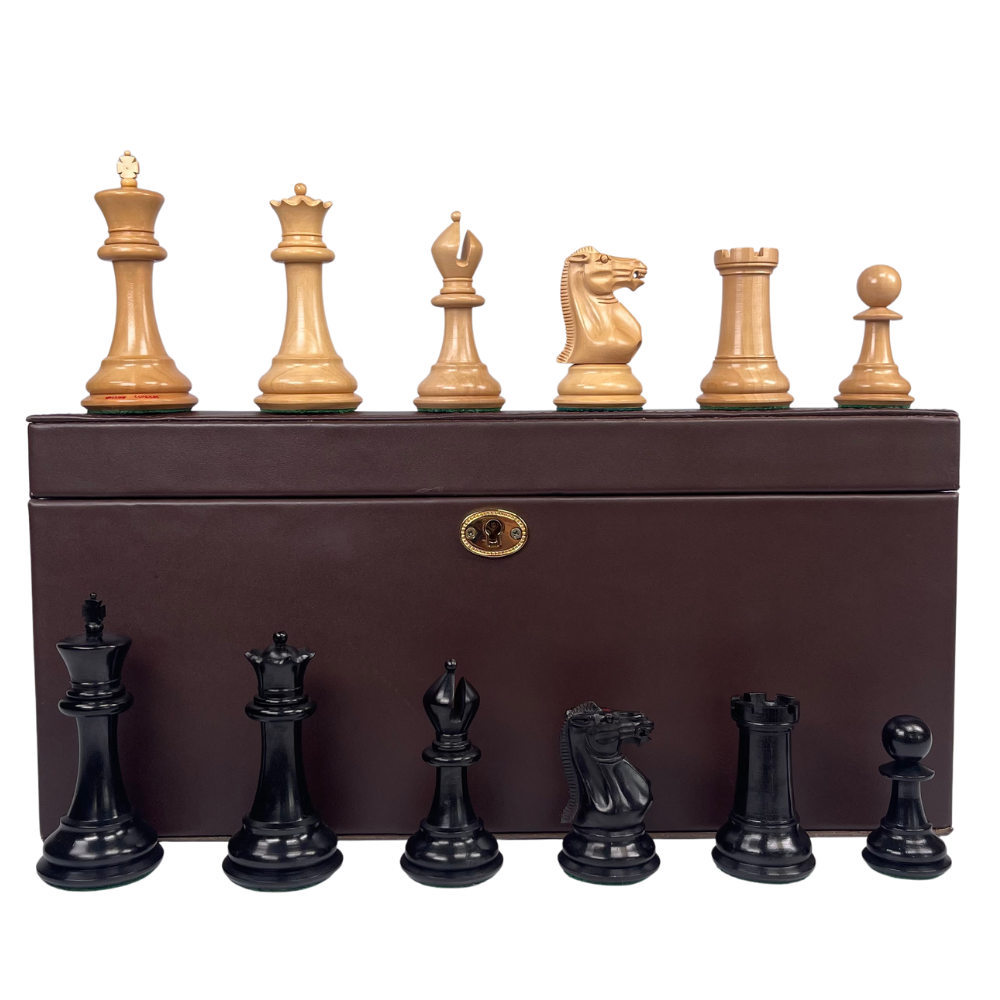 Wooden chess pieces with a brown storage box on a white background