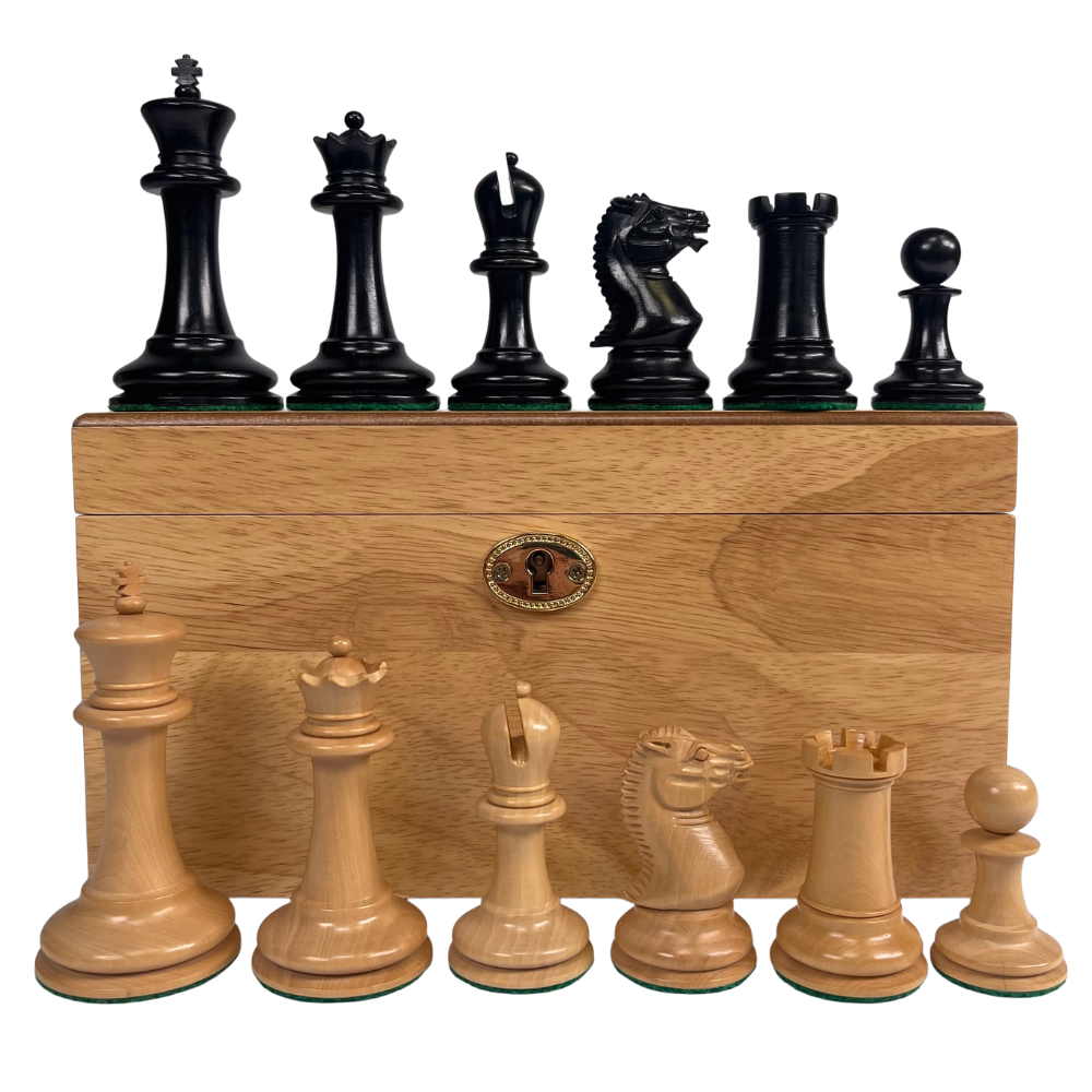 Wooden chess set with black and natural pieces on a white background