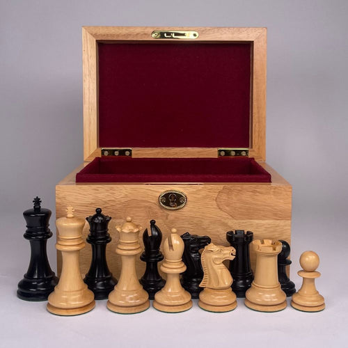 Staunton Chess Pieces with a Oak Box and Red inside. 