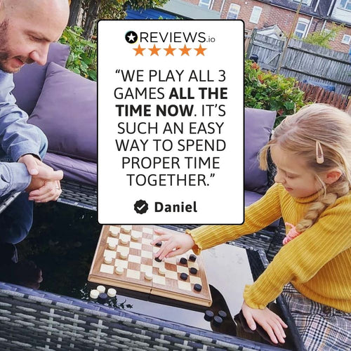 An adult and child enjoying a game of chess together with the wooden chess set. 