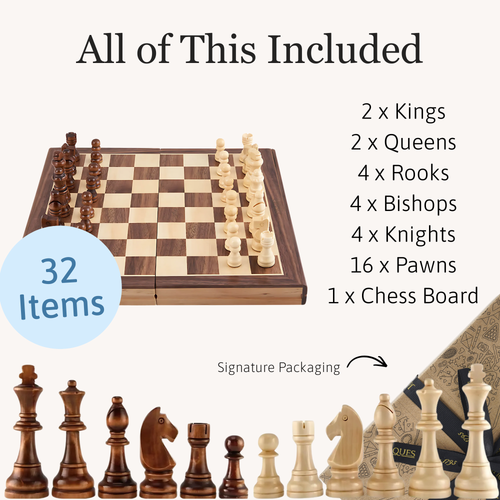 A product graphic showing the full folding chess set contents, including the chessboard and all chess pieces, with a checklist of included items. 