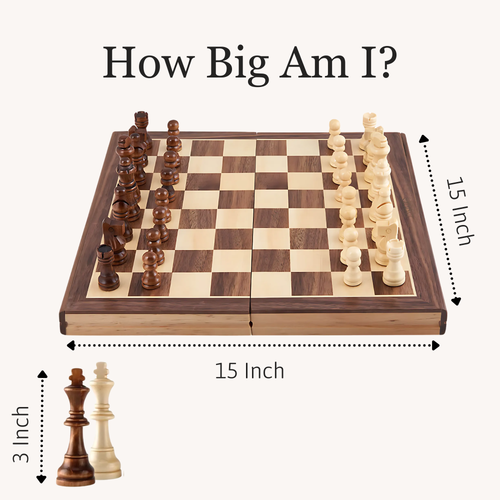 A product size graphic showing the folding chessboard with measurements displayed, indicating the board dimensions. 