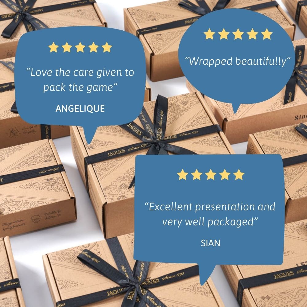 Displays Jaques’ signature packaging — brown gift boxes tied with elegant black ribbon — alongside glowing customer reviews praising the care and presentation. 
