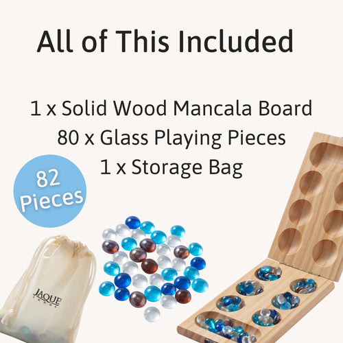 Displays the complete set — 1 solid wood Mancala board, 80 colourful glass pieces, and a Jaques-branded storage bag (82 pieces total). 