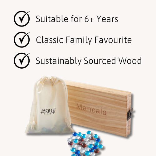 Emphasises that the game is suitable for ages 6+, a classic family favourite, and made from sustainably sourced wood. 