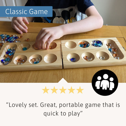 Shows a child playing the game, capturing its hands-on fun and simplicity. Includes a 5-star review praising its portability and quick playtime. 