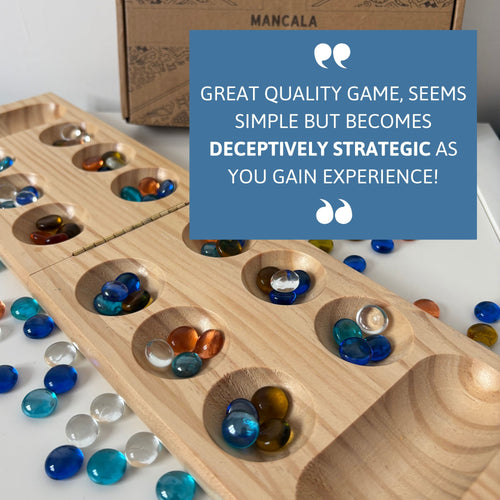 Focuses on the board and pieces, featuring a quote about its deceptive strategic depth — simple to learn but rewarding to master. 