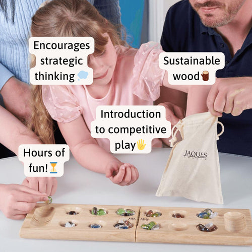 Highlights family interaction, showing parents and children playing together. On-screen text promotes “Encourages strategic thinking,” “Hours of fun,” and “Introduction to competitive play.” 