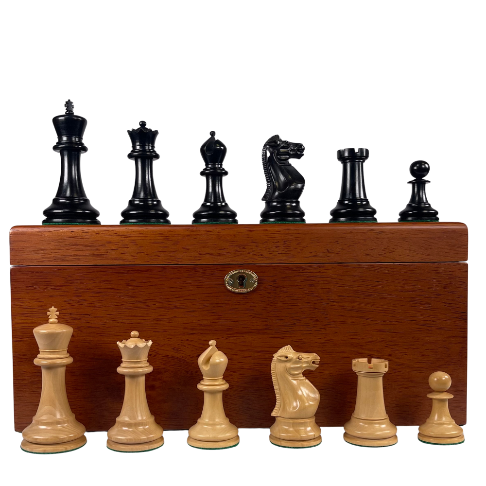 Wooden chess pieces with a wooden box on a white background