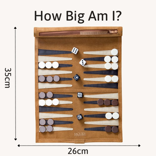 Backgammon set with pieces and dice on a brown board, showing dimensions. 