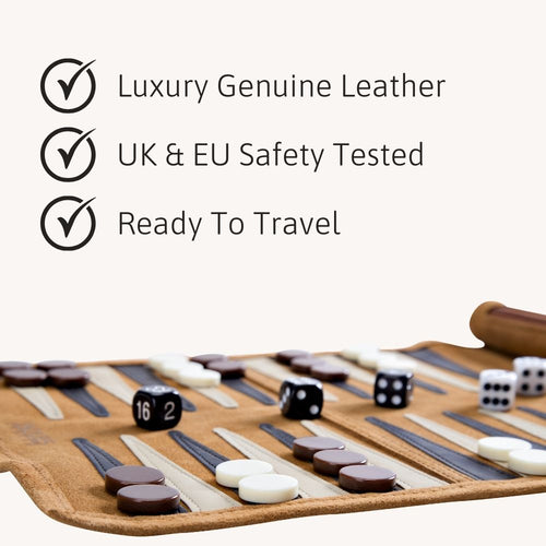 Backgammon set with dice on a white background, featuring text about material quality and safety. 