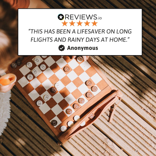Portable roll-up leather chess set with wooden pieces, ideal for travel, family games and strategic play. 