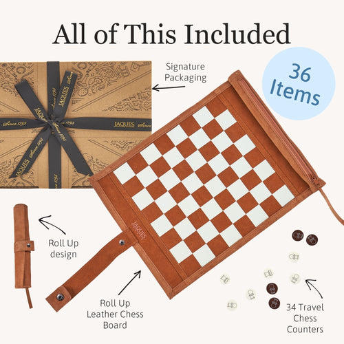 Roll-up travel chess set with leather chess board, 34 chess pieces, storage strap and gift-ready packaging. 