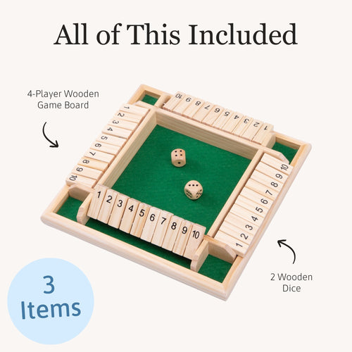 Product layout showing everything included: a 4-player wooden game board and two wooden dice, with labeled callouts and a “3 Items” badge. 
