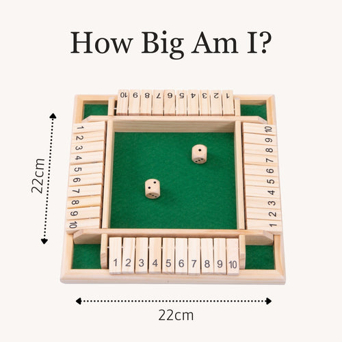 Top-down view of the wooden shut-the-box board with dice in the center and measurement markers showing dimensions of 22cm by 22cm under the heading “How Big Am I?”. 
