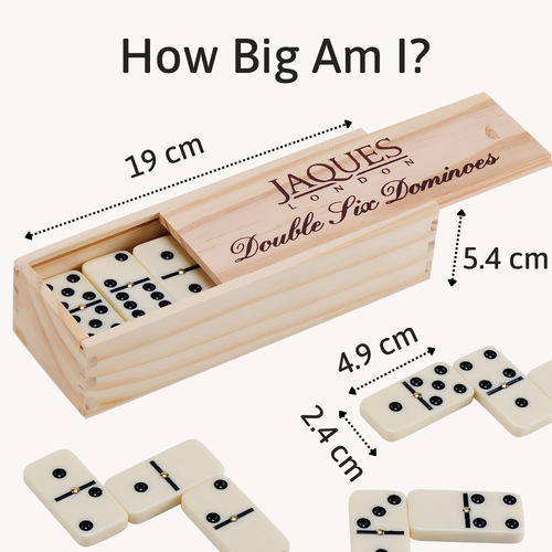 Wooden domino set with dimensions labelled, featuring Jaques of London branding. 