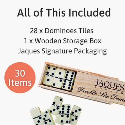 Domino set with wooden storage box and Jaques branding, including 28 domino tiles and a storage box. 