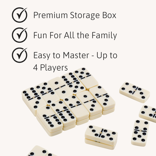 Dominoes set with text highlighting features on a white background 