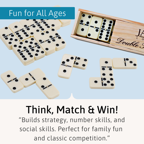Dominoes set with wooden box on a light blue background, featuring text about family fun and competition. 