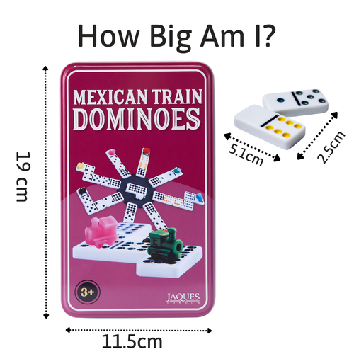 Measurement chart for Mexican Train Dominoes showing dimensions and Jaques branding. 