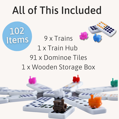 Product listing with train sets, hub, dominoes, and storage box on a white background  