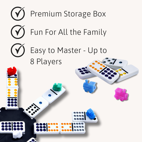 Dominoes set with colourful pieces on a white background, featuring text about product features.  
