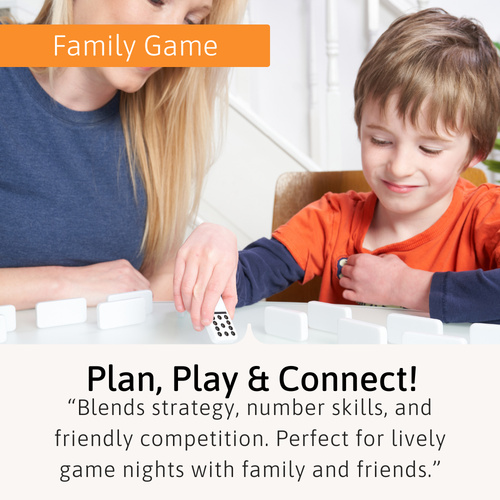 Woman and child playing a board game together with text about family games. 