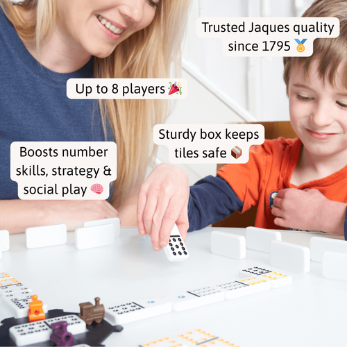 Two people playing a board game with text highlighting features like 'Trusted Jaques quality since 1795', 'Up to 8 players', 'Boosts number skills, strategy & social play', and 'Sturdy box keeps tiles safe'. 